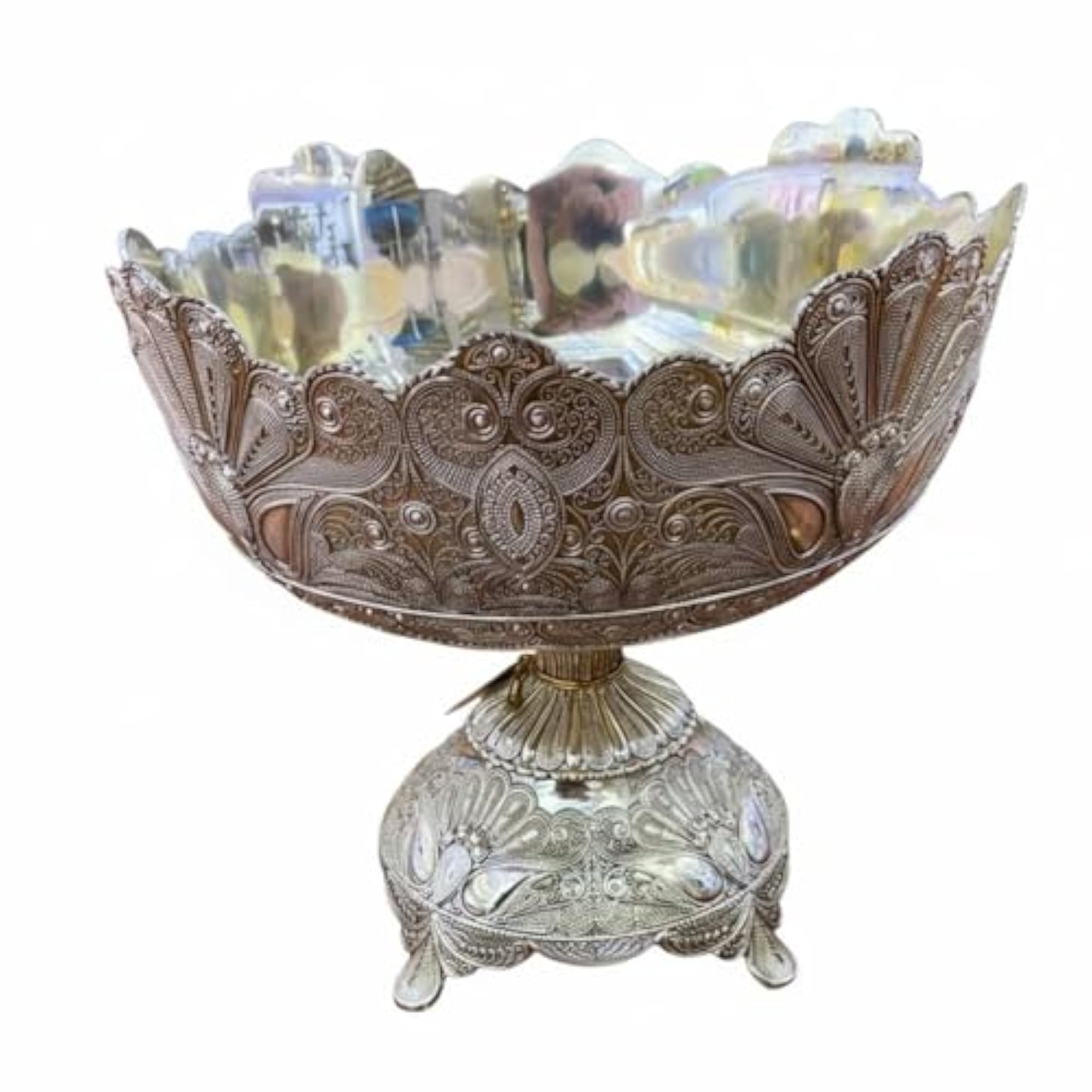 Metal Scalloped Pedestal Bowl, Floral Embossed Design